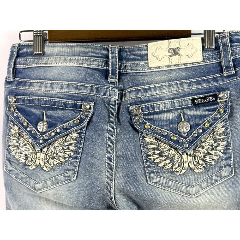 Miss Me Chloe Boot Jeans Size 28 Embellished Rhinestone Mid Rise Blue M3080B6